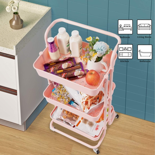 3 Tier Rolling Utility Cart with Hooks & Handle Storage Organization Shelves for Kitchen, Bathroom, Office, Library, Coffee Bar Trolley Service Cart,