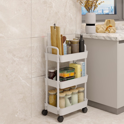 3-Tier Kitchen Rolling Utility Cart,Multifunction Storage Organizer with Handle and 2 Lockable Wheels for Kitchen,Bathroom,Living Room,Office,White