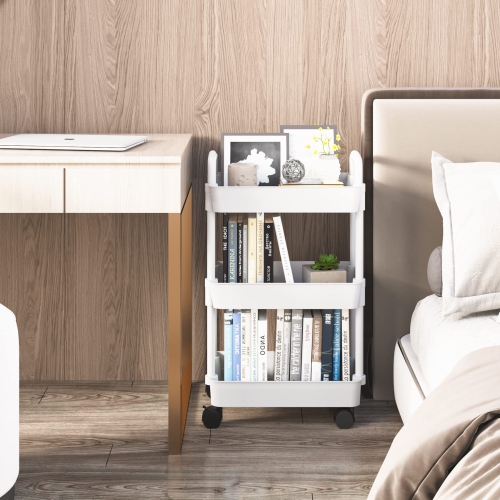 3-Tier Kitchen Rolling Utility Cart,Multifunction Storage Organizer with Handle and 2 Lockable Wheels for Kitchen,Bathroom,Living Room,Office,White