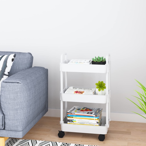 3-Tier Kitchen Rolling Utility Cart,Multifunction Storage Organizer with Handle and 2 Lockable Wheels for Kitchen,Bathroom,Living Room,Office,White
