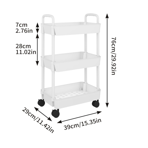 3-Tier Kitchen Rolling Utility Cart,Multifunction Storage Organizer with Handle and 2 Lockable Wheels for Kitchen,Bathroom,Living Room,Office,White