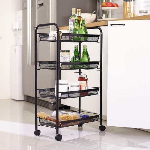 4-Tier Rolling Storage Rack Cart Organizer, Utility Mobile Metal Mesh Trolley with Wire Basket Shelving, Cart on Wheels for Kitchen Office Bathroom,