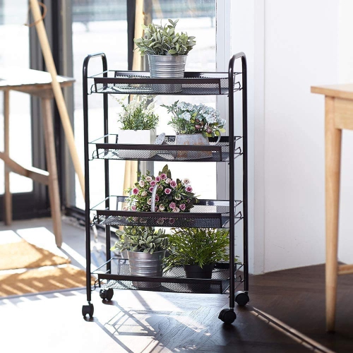 4-Tier Rolling Storage Rack Cart Organizer, Utility Mobile Metal Mesh Trolley with Wire Basket Shelving, Cart on Wheels for Kitchen Office Bathroom,