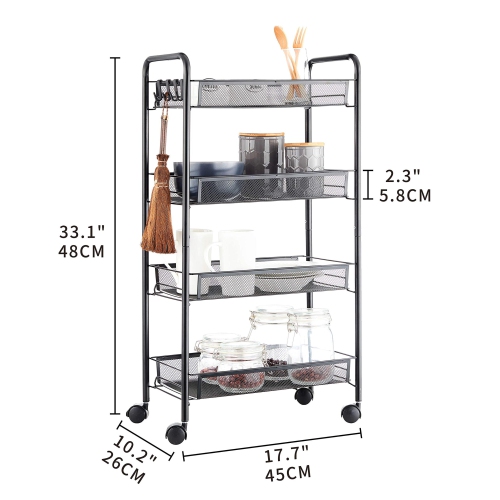 4-Tier Rolling Storage Rack Cart Organizer, Utility Mobile Metal Mesh Trolley with Wire Basket Shelving, Cart on Wheels for Kitchen Office Bathroom,
