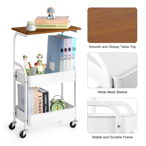 3-Tier Rolling Utility Cart with Wooden Board, Metal Rolling Storage Cart with Lockable Wheels, White Organizer Cart with 2 Baskets for Living Room,
