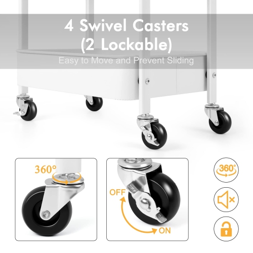 3-Tier Rolling Utility Cart with Wooden Board, Metal Rolling Storage Cart with Lockable Wheels, White Organizer Cart with 2 Baskets for Living Room,