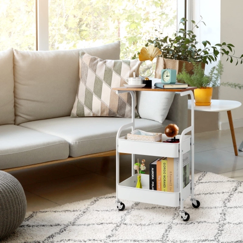 3-Tier Rolling Utility Cart with Wooden Board, Metal Rolling Storage Cart with Lockable Wheels, White Organizer Cart with 2 Baskets for Living Room,