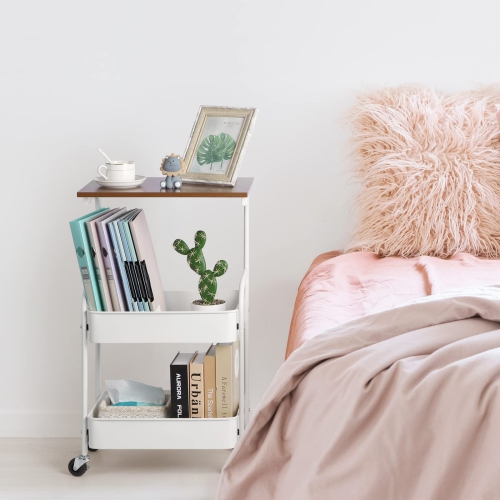 3-Tier Rolling Utility Cart with Wooden Board, Metal Rolling Storage Cart with Lockable Wheels, White Organizer Cart with 2 Baskets for Living Room,