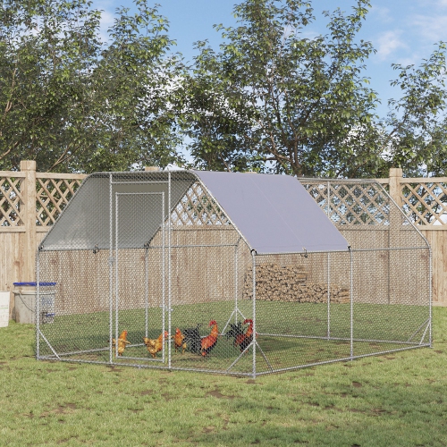 PawHut Chicken Run, Galvanized Large Metal Chicken Coop Cage, Walk-in Enclosure Poultry Hen Run House Playpen Rabbit Hutch with Flat Roof, Cover,