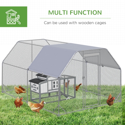 PawHut Chicken Run, Galvanized Large Metal Chicken Coop Cage, Walk-in Enclosure Poultry Hen Run House Playpen Rabbit Hutch with Flat Roof, Cover,