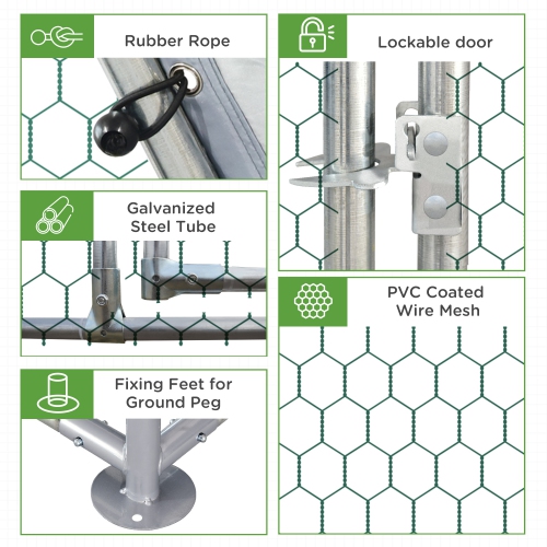 PawHut Chicken Run, Galvanized Large Metal Chicken Coop Cage, Walk-in Enclosure Poultry Hen Run House Playpen Rabbit Hutch with Flat Roof, Cover,