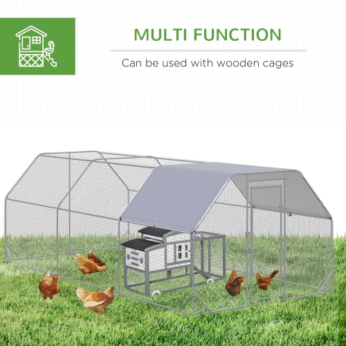 PawHut Chicken Run, Galvanized Large Metal Chicken Coop Cage, Walk-in Enclosure Poultry Hen Run House Playpen Rabbit Hutch with Flat Roof, Cover,
