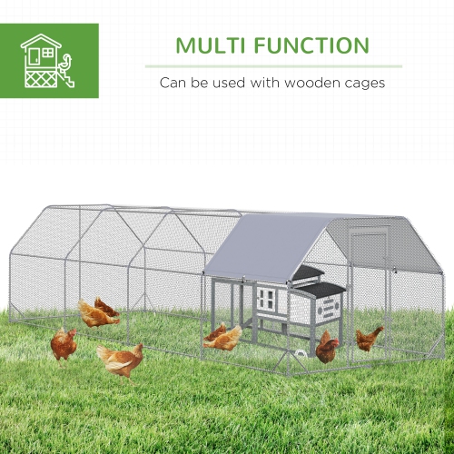 PawHut Chicken Run, Galvanized Large Metal Chicken Coop Cage, Walk-in Enclosure Poultry Hen Run House Playpen Rabbit Hutch with Flat Roof, Cover,