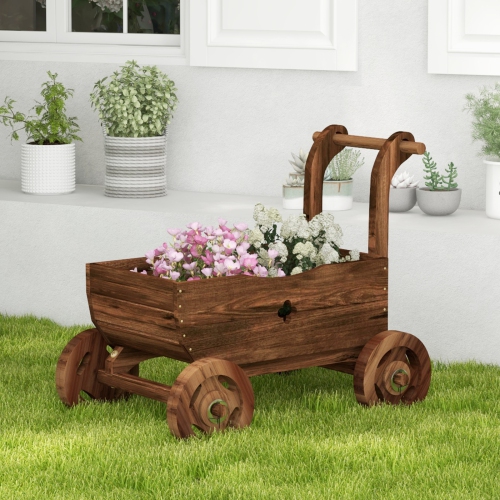 Patiojoy Wooden Wagon Planter Box Decorative Garden Planter w/ Wheels Handle Drain Hole Rustic Wooden Flower Planter