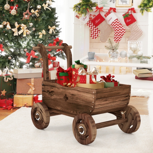 Patiojoy Wooden Wagon Planter Box Decorative Garden Planter w/ Wheels Handle Drain Hole Rustic Wooden Flower Planter