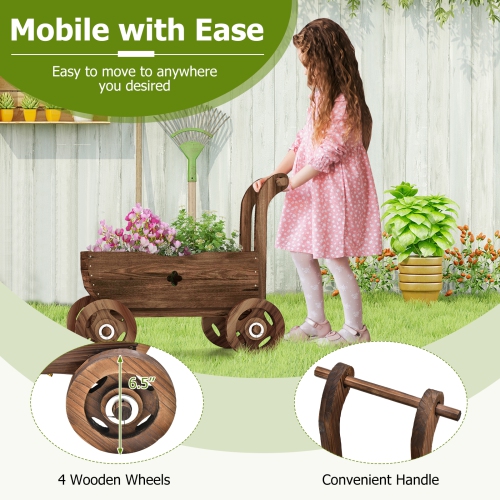 Patiojoy Wooden Wagon Planter Box Decorative Garden Planter w/ Wheels Handle Drain Hole Rustic Wooden Flower Planter