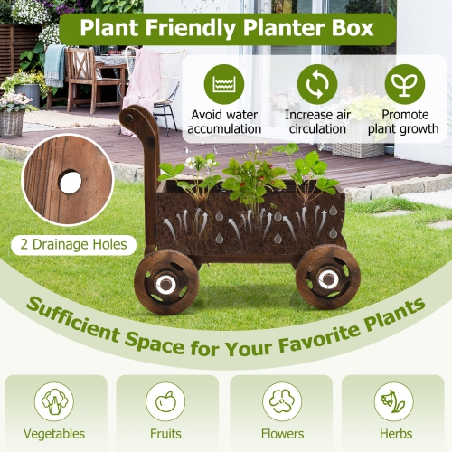 Patiojoy Wooden Wagon Planter Box Decorative Garden Planter w/ Wheels Handle Drain Hole Rustic Wooden Flower Planter
