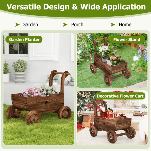 Patiojoy Wooden Wagon Planter Box Decorative Garden Planter w/ Wheels Handle Drain Hole Rustic Wooden Flower Planter