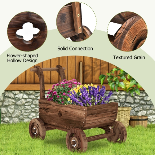 Patiojoy Wooden Wagon Planter Box Decorative Garden Planter w/ Wheels Handle Drain Hole Rustic Wooden Flower Planter