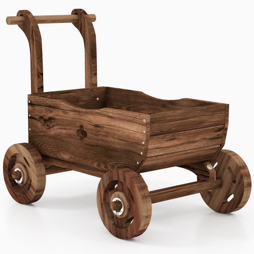 Patiojoy Wooden Wagon Planter Box Decorative Garden Planter w/ Wheels Handle Drain Hole Rustic Wooden Flower Planter