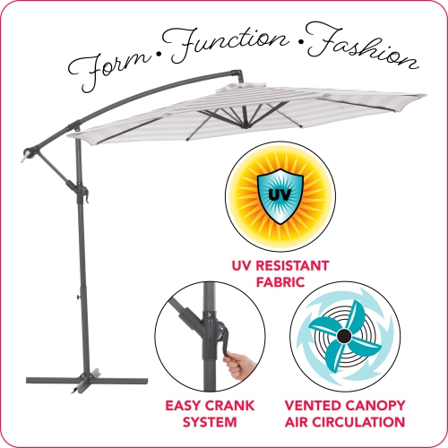 CorLiving 10ft Offset UV Resistant Umbrella with White and Taupe Stripe