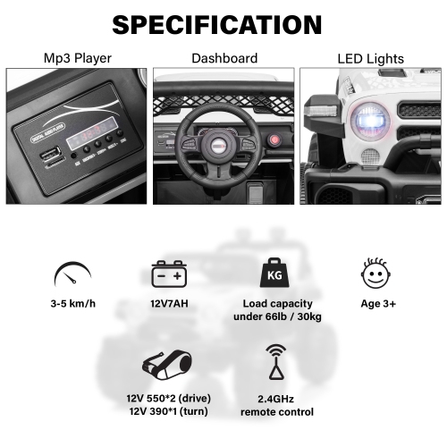 Jouet Jeep 12V pour enfants avec portes ouvertes, lumières réalistes et télécommande