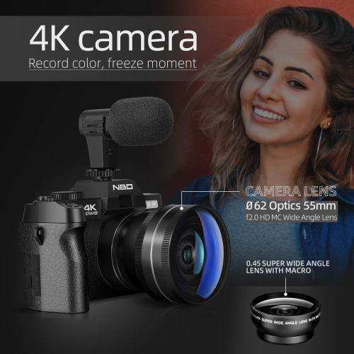 NBD Appareil Photo numérique pour la Photographie et la vidéo, Appareil Photo 4K 48MP pour Youtube avec écran pivotant à 180°, Zoom numérique 16X,