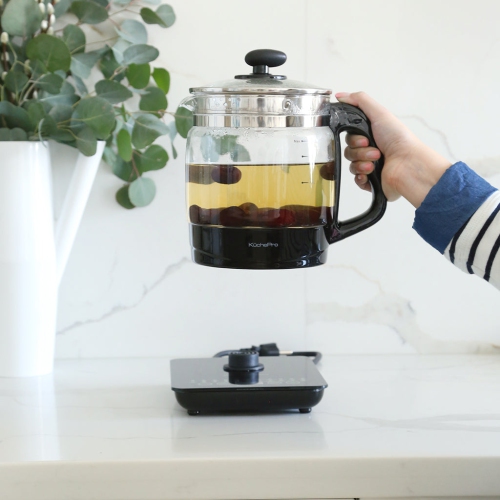 KUCHEPRO Health-Care Beverage Tea coffee Maker and Multi-Function Kettle, 22-in-1 Programmable Brew Cooker Master, 1.8 L, Black, Glasses.