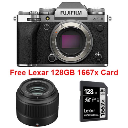 FUJIFILM  X-T5 Body With Xc 35MM F2 + Lexar 128GB Card. Fujfilm Canada Authorized In Silver