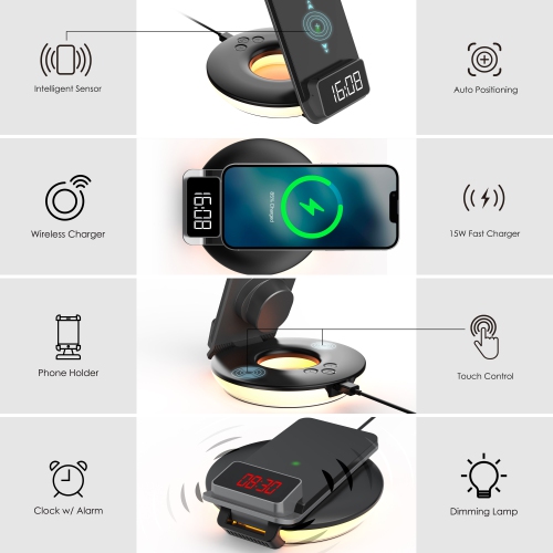 Rexing RS7 3-in-1 Wireless Charging Station, Touch Control, Table-Desk Lamps - Black