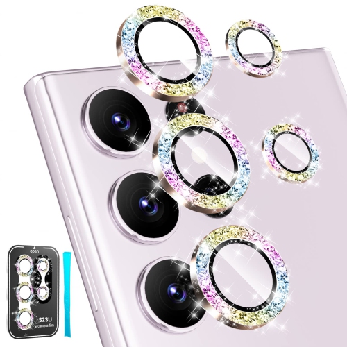 3+2 for Sansung Galaxy S23 Ultra Camera Lens Protector, Bling Diamond HD Tempered Glass Aluminum Alloy Ring, Back Screen Camera Cover Film for S23u