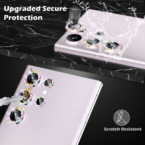 3+2 for Sansung Galaxy S23 Ultra Camera Lens Protector, Bling Diamond HD Tempered Glass Aluminum Alloy Ring, Back Screen Camera Cover Film for S23u
