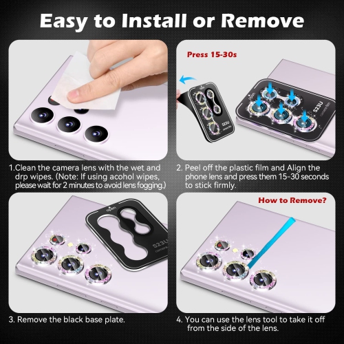 3+2 for Sansung Galaxy S23 Ultra Camera Lens Protector, Bling Diamond HD Tempered Glass Aluminum Alloy Ring, Back Screen Camera Cover Film for S23u