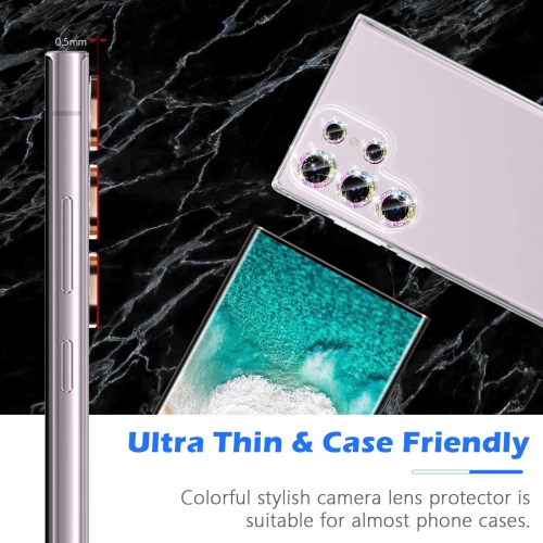 3+2 for Sansung Galaxy S23 Ultra Camera Lens Protector, Bling Diamond HD Tempered Glass Aluminum Alloy Ring, Back Screen Camera Cover Film for S23u