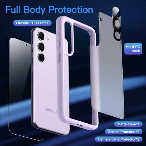 5 in 1 Matte Case for Samsung Galaxy S23+ Plus 6.6-Inch with 2 Screen Protector and 2 Camera Lens Protector, Translucent Back Protective Phone Cover,
