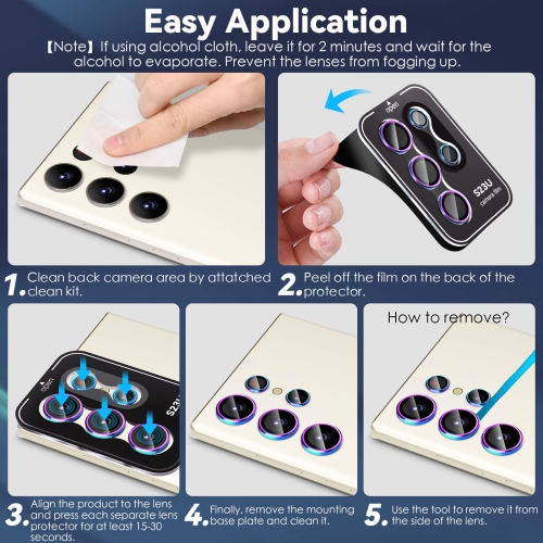 3 + 2 pièces pour le protecteur d’objectif Ultra Galaxy S23 de Samsung, verre trempé 9H et anneau d’objectif individuel en alliage d’aluminium pour