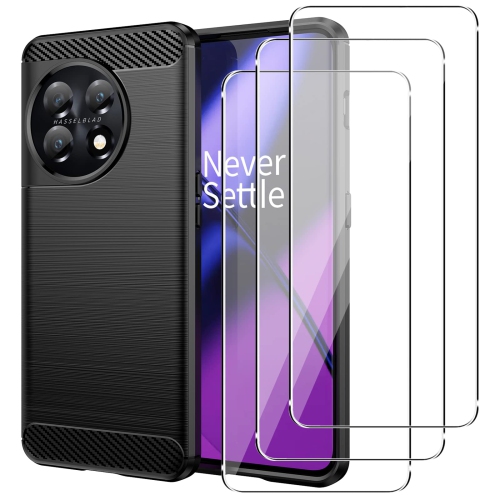 Case for Oneplus 11 5G, Soft TPU Carbon Fiber Texture Anti-Scratch Shockproof Phone Case Ultra Thin Fit Anti-Drop Rugged Bumper Cover with 3 Tempered