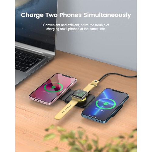CYBORIS Wireless Charger 3 in 1, 15W Fast Charging Station Magnetic Foldable, Wireless Charging Station for Multiple Devices Compatible with iPhone,
