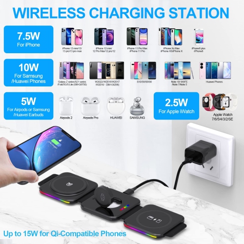 Fast Wireless Charger 3 in 1, ALUXKEE Magnetic Foldable Wireless Charging Station for iPhone 14/13/12/11 Pro Max/X/Xs Max/8,AirPods iWatch Series