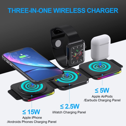 Fast Wireless Charger 3 in 1, ALUXKEE Magnetic Foldable Wireless Charging Station for iPhone 14/13/12/11 Pro Max/X/Xs Max/8,AirPods iWatch Series