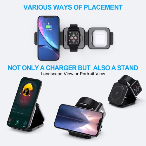 Fast Wireless Charger 3 in 1, ALUXKEE Magnetic Foldable Wireless Charging Station for iPhone 14/13/12/11 Pro Max/X/Xs Max/8,AirPods iWatch Series