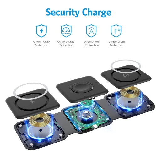Wireless Charger 3 in 1, Travel Magnetic Foldable Wireless Charging Pad for Multiple Apple Devices, Compatible with iPhone 14/Pro/Max/Plus/13/12,