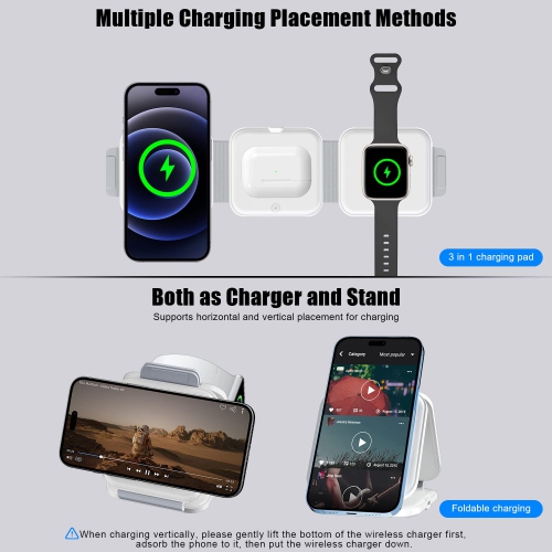Wireless Charger 3 in 1 with Adapter and Travel Case,Fast Wireless Charging Station,Wireless Charging Pad Compatible with iPhone 14/13/12/11