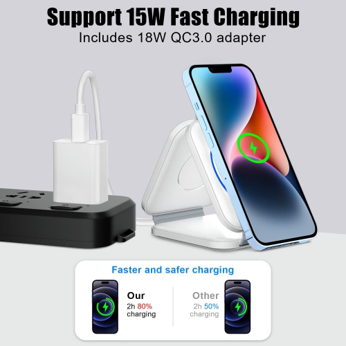 Wireless Charger 3 in 1 with Adapter and Travel Case,Fast Wireless Charging Station,Wireless Charging Pad Compatible with iPhone 14/13/12/11
