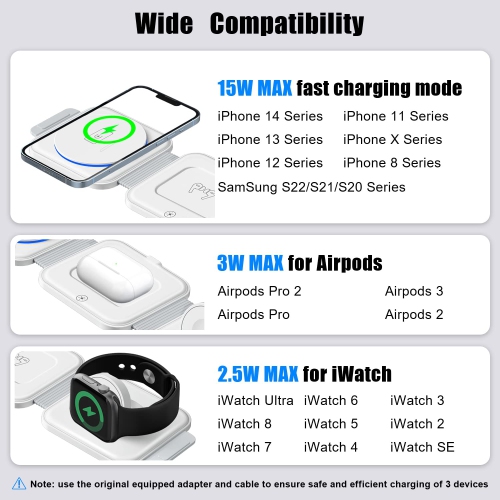 Wireless Charger 3 in 1 with Adapter and Travel Case,Fast Wireless Charging Station,Wireless Charging Pad Compatible with iPhone 14/13/12/11