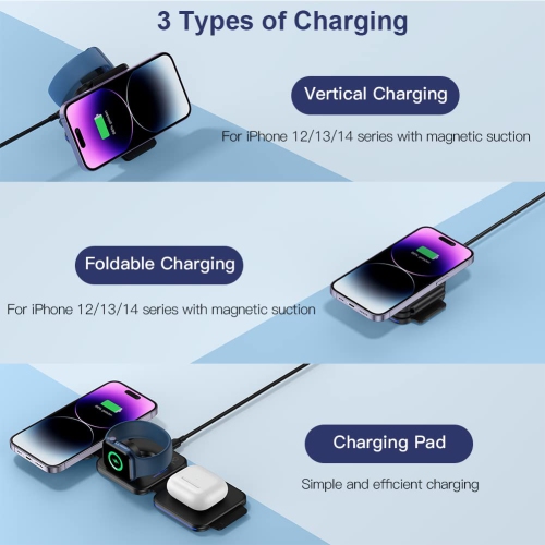 MURPISO 3 in 1 Magnetic Foldable Wireless Charger,Folding Wireless Charging Station for Travel,Wireless Charging Pad Compatible with iPhone 14 13 12