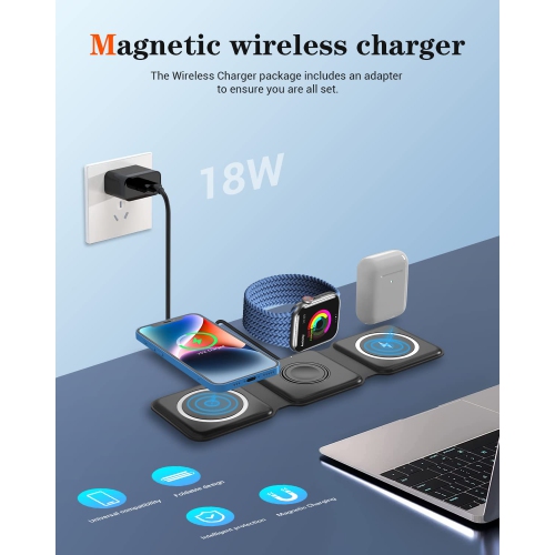 Wireless Charger 3 in 1, Magnetic Foldable Wireless Charging Station for iPhone 14/13/12/11 Pro Max/X/Xs Max/8/8 Plus, AirPods 3/2/pro, iWatch Series