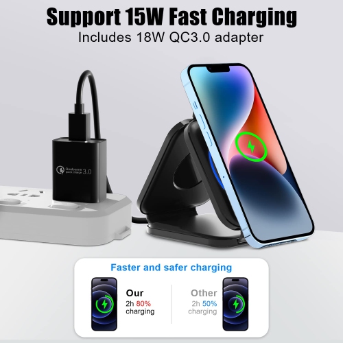 Wireless Charger 3 in 1 with Adapter and Travel Case,Fast Wireless Charging Station,Wireless Charging Pad Compatible with iPhone 14/13/12/11