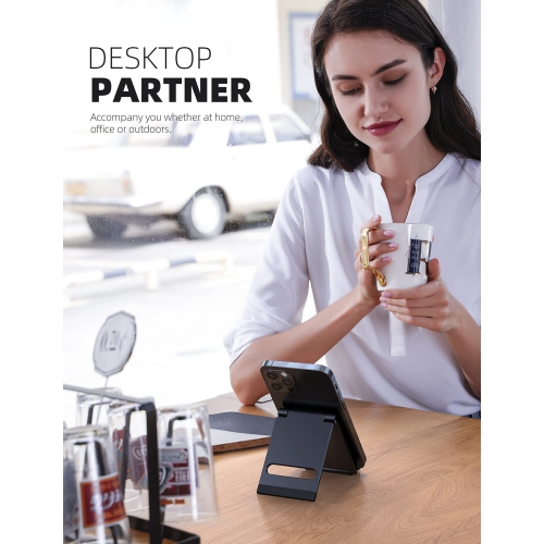 Portable Cell Phone Stand - Aluminum Foldable Phone Stand for Desk, Small Pocket Travel Design, Adjustable Mobile Holder Compatible with iPhone 14 13
