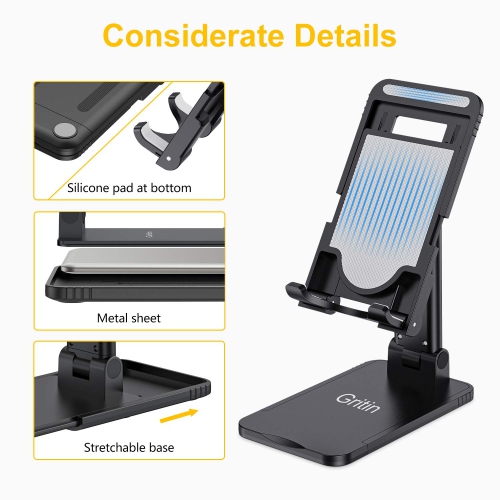 Cell Phone Stand, Gritin Foldable Phone Holder Dock for Desk, Angle Height Adjustable Portable Phone Stand for iPad, Super Stable Compatible with All